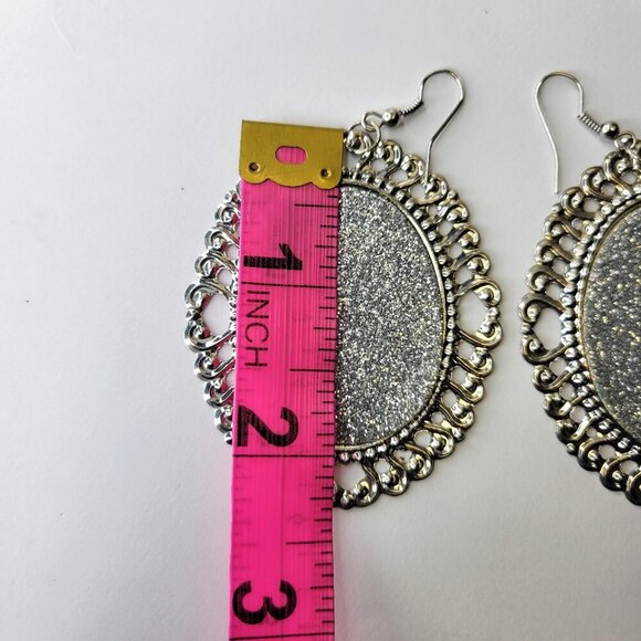 Gold and Black Oval Earrings Gold Filigree Oval Earrings Large Glitter Earrings - Picture 4 of 5